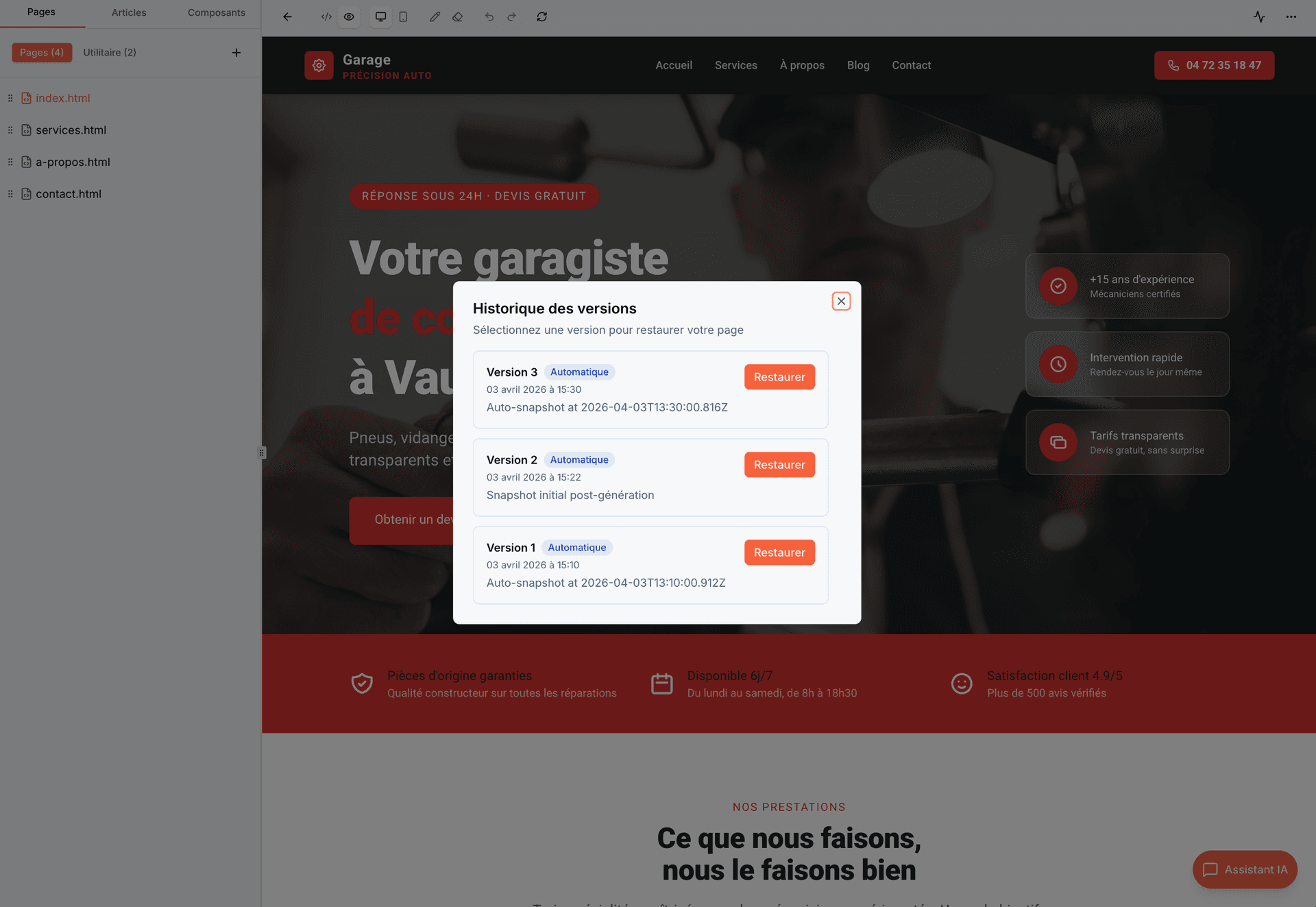 Historique des versions Flowkode avec snapshots et restauration