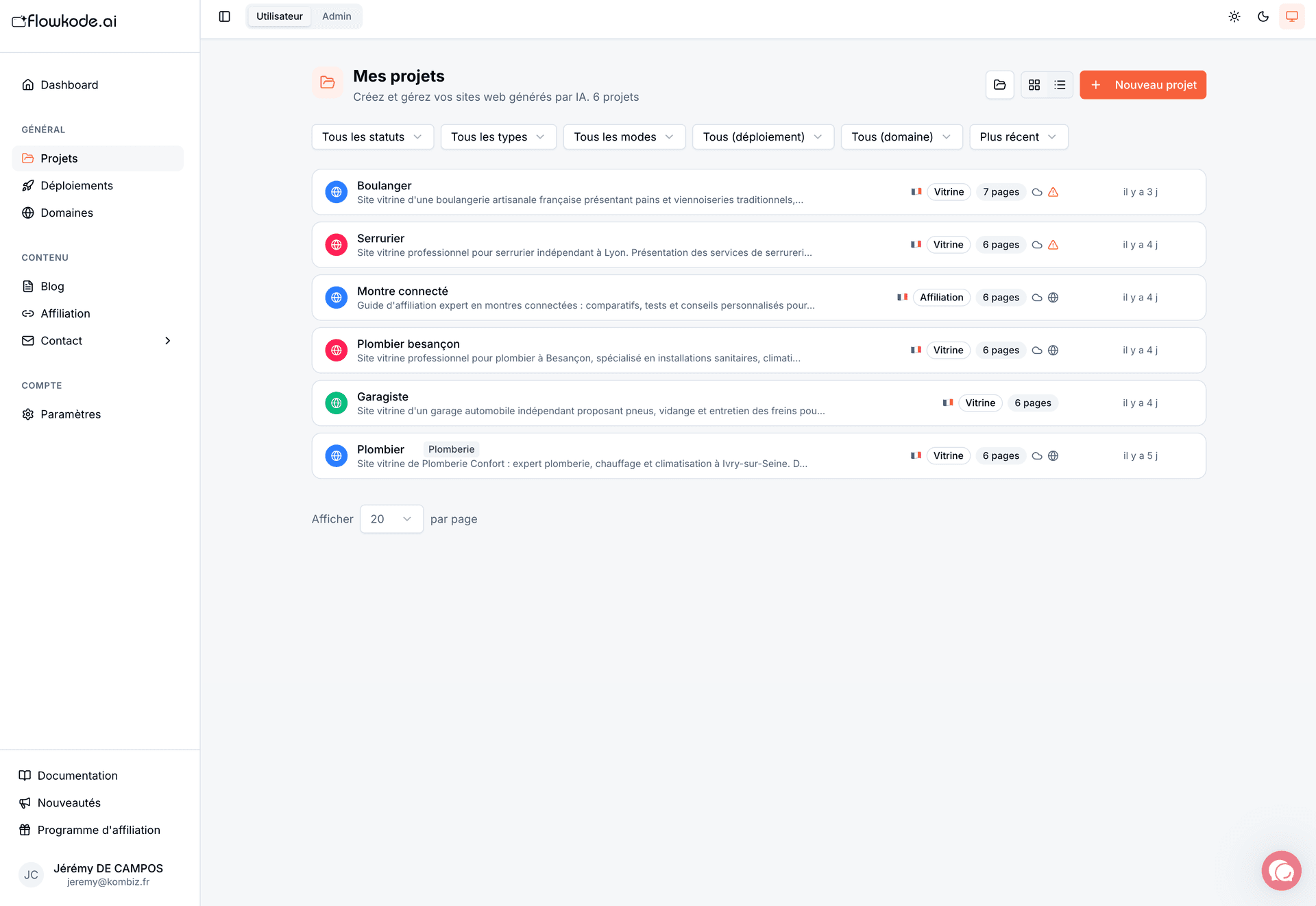 Dashboard multi-projets Flowkode avec dossiers et statistiques